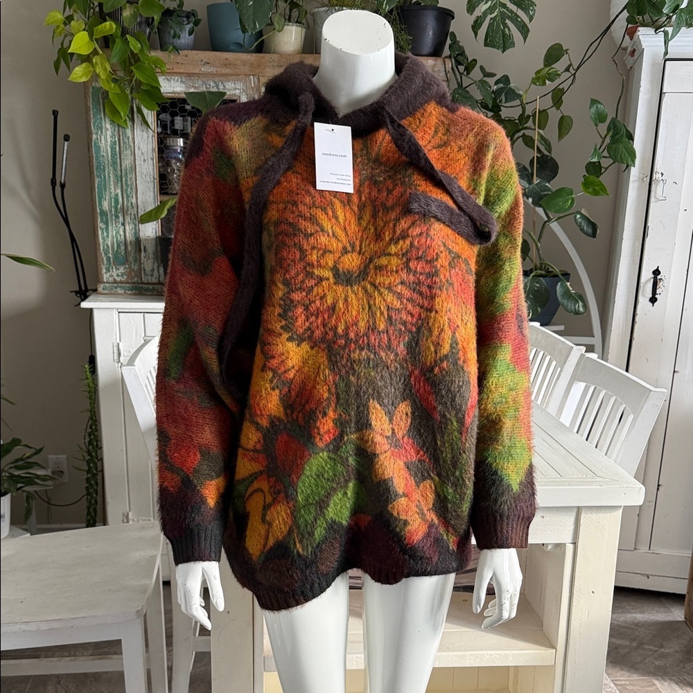Soodresd fuzzy, multi-colored hooded pull over. sweater NWT